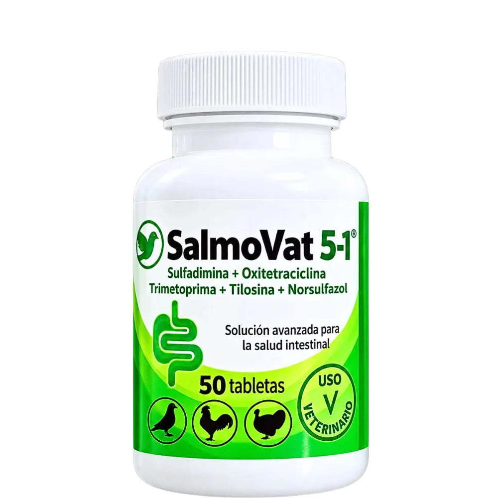 SalmoVat 5-1 – Salud Intestinal para Palomas y Aves | 50 Tabletas