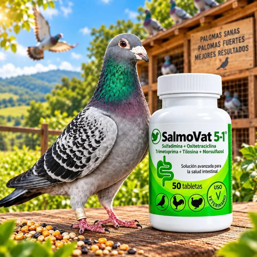 SalmoVat 5-1 – Salud Intestinal para Palomas y Aves | 50 Tabletas