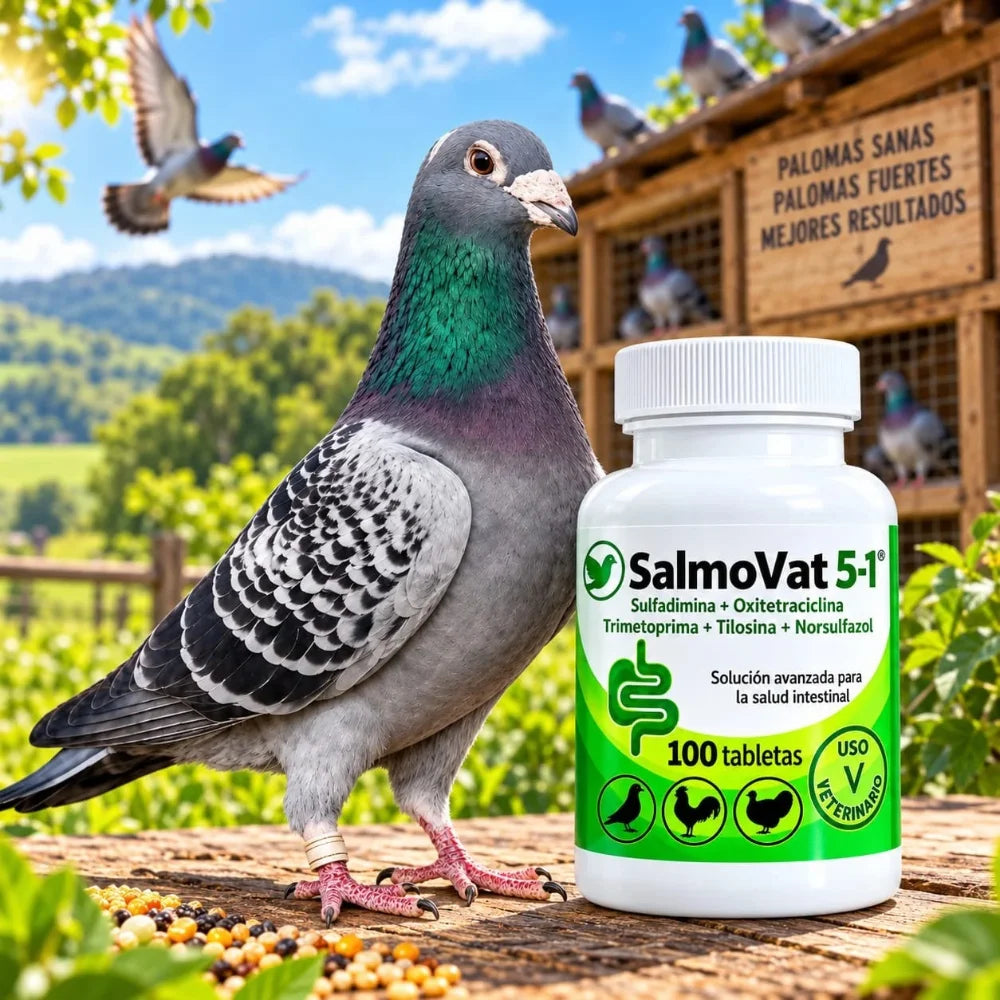 SalmoVat 5-1 – Salud Intestinal para Palomas y Aves | 100 Tabletas