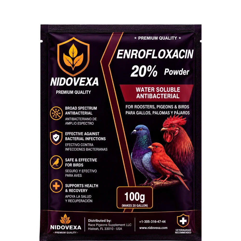Enrofloxacin 20% Nidovexa 100 g – Antibacteriano para Gallos, Palomas y Aves