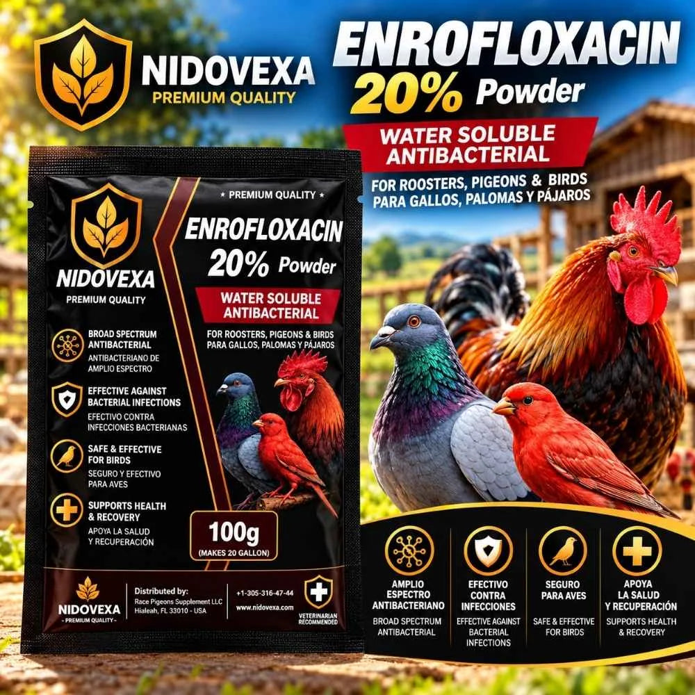 Enrofloxacin 20% Nidovexa 100 g – Antibacteriano para Gallos, Palomas y Aves